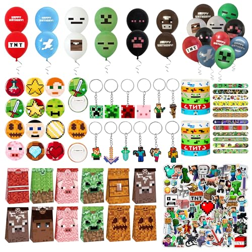 Defresit 152 piece party bag filler set Miner Gaming Party Bag Fillers, Gamer Party Favours Gaming Keychain Party Bags Button Pins Stickers Miner Party Supplies Goodie Bag Fillers for Kids Boys