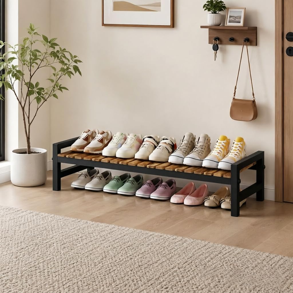 Shoe Rack Organizer for Small Spaces 1 Tier Long Narrow Shoe Stand, Closet Shoe Rack, Small Shoe Shelf for Closet Entryway Corner Garage and Bedroom Front Door - Shoe Storage Combining Wood and Metal