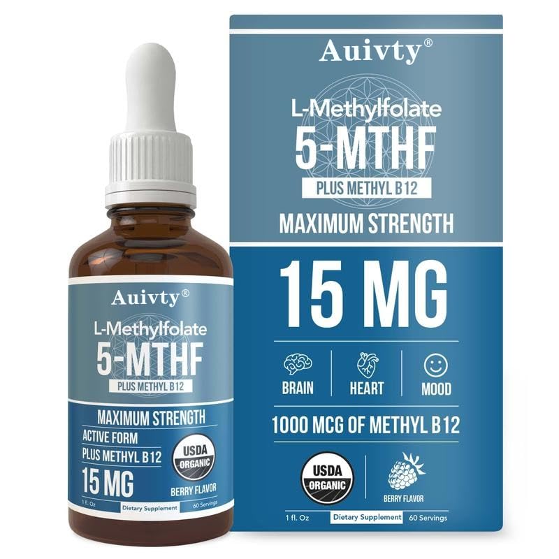 Auivty Organic Methyl Folate 1000 mcg + Methyl B12 Drops – 5-MTHF & Methylcobalamin Sublingual, 300 Servings, Berry Flavor, Vegan, Non-GMO Liquid Folate & Vitamin B12 Supplement, 1 fl oz