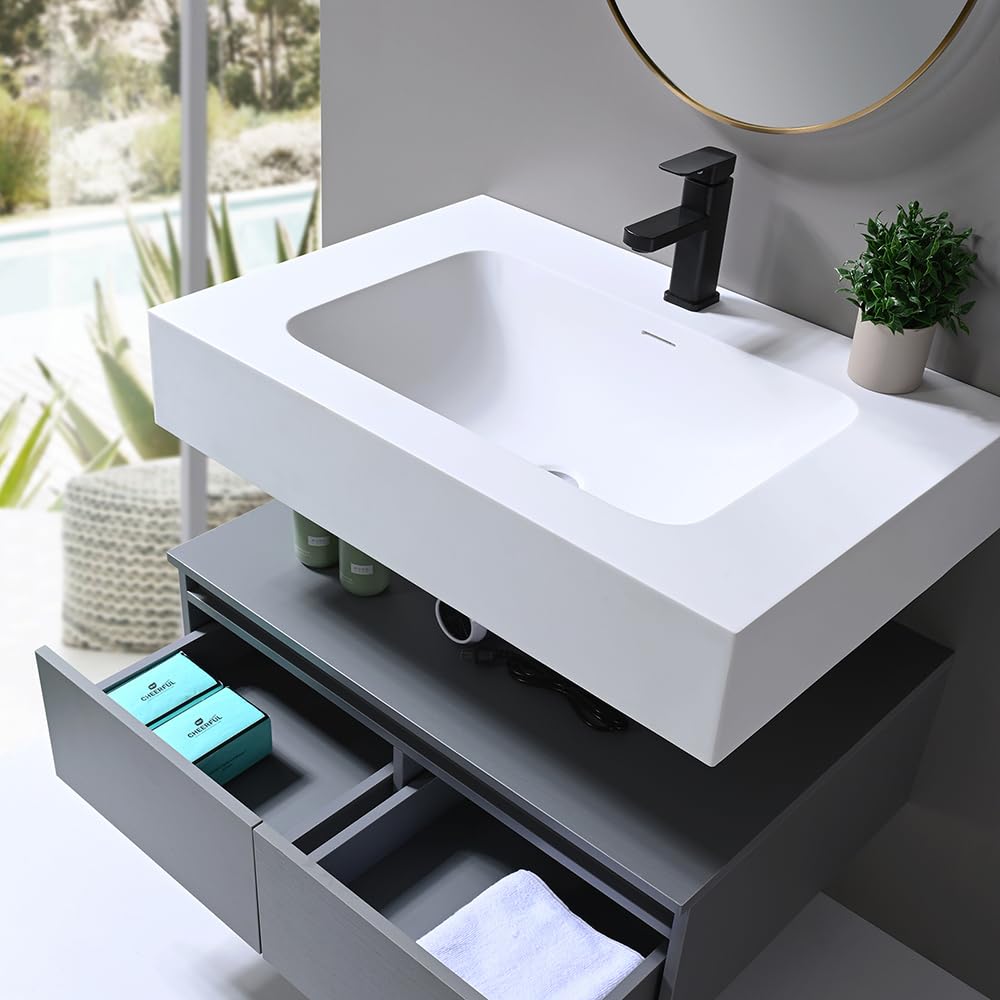 LuxuryBain - Meuble de Salle de Bain Simple Vasque 80cm en Corian Blanc et Meuble Gris avec Miroir LED