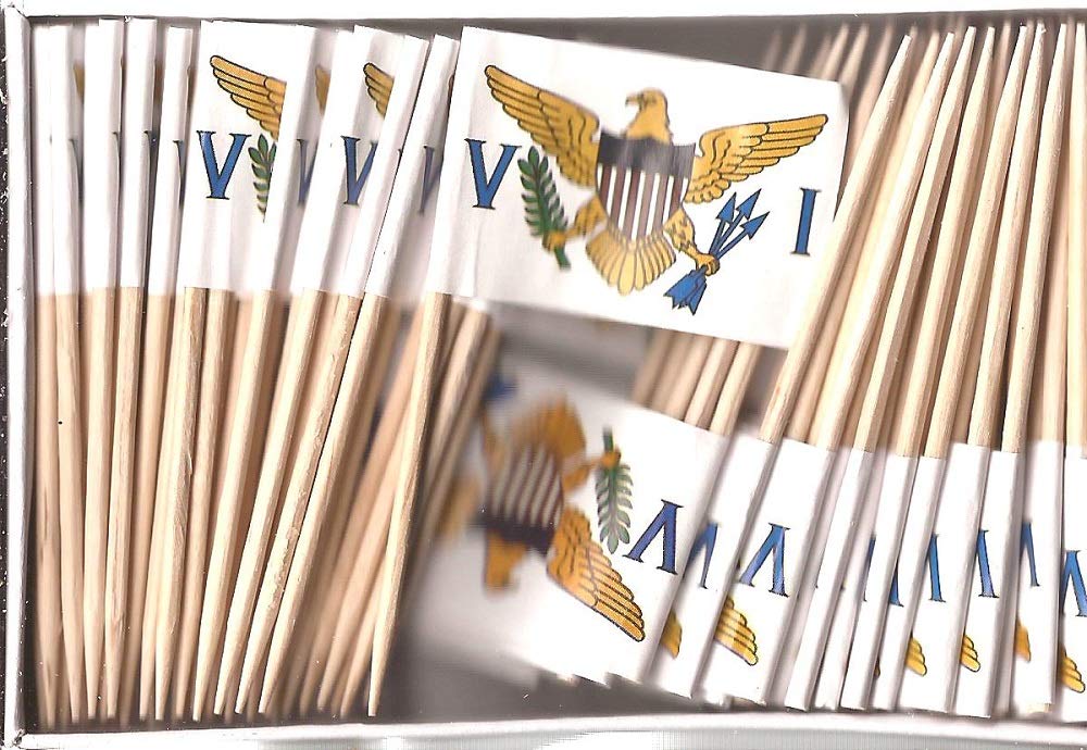 US Virgin Islands Mini Country Toothpick Flags, 100 Small International Mini Flag Cupcake Toothpicks or Cocktail Sticks & Picks (US Virgin Islands, 1 Box of 100-100 Total Toothpicks)