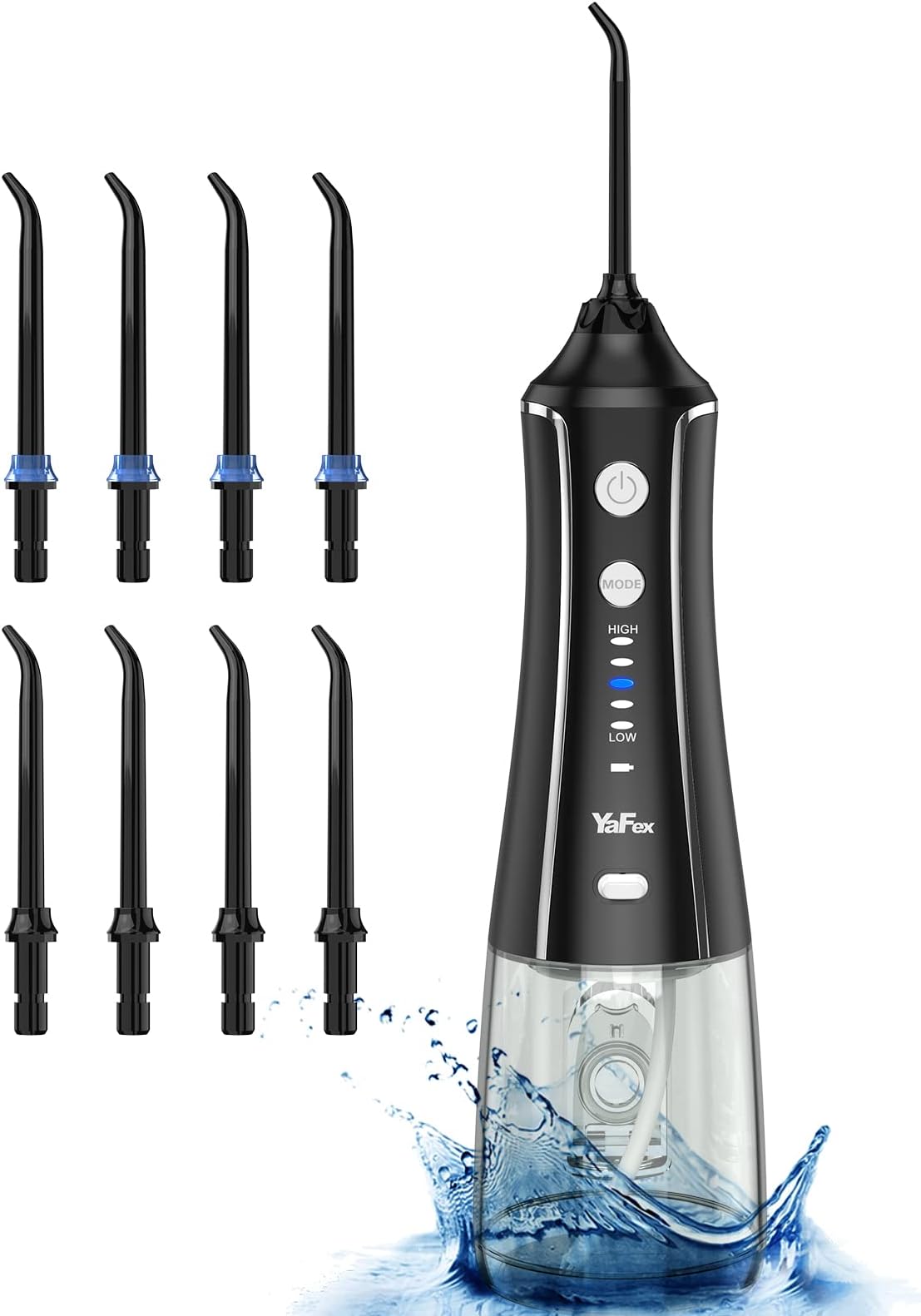Cordless Water Flosser for Teeth, YaFex 320ML Portable Water Tooth Cleaning Pick Dental Oral Irrigator with 8 Tips, 5 Modes, Rechargeable, IPX7 Waterproof for Home Black