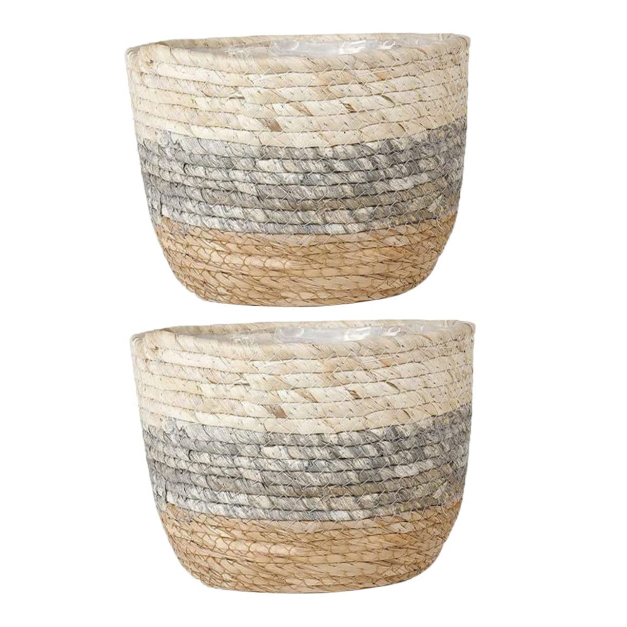 DOITOOL Paniers Tressés en Paille Cache-Pot Décoratif Lot de 2 Créant Une Ambiance Estivale Chaleureuse pour Plantes et Fleurs pour Terrasse