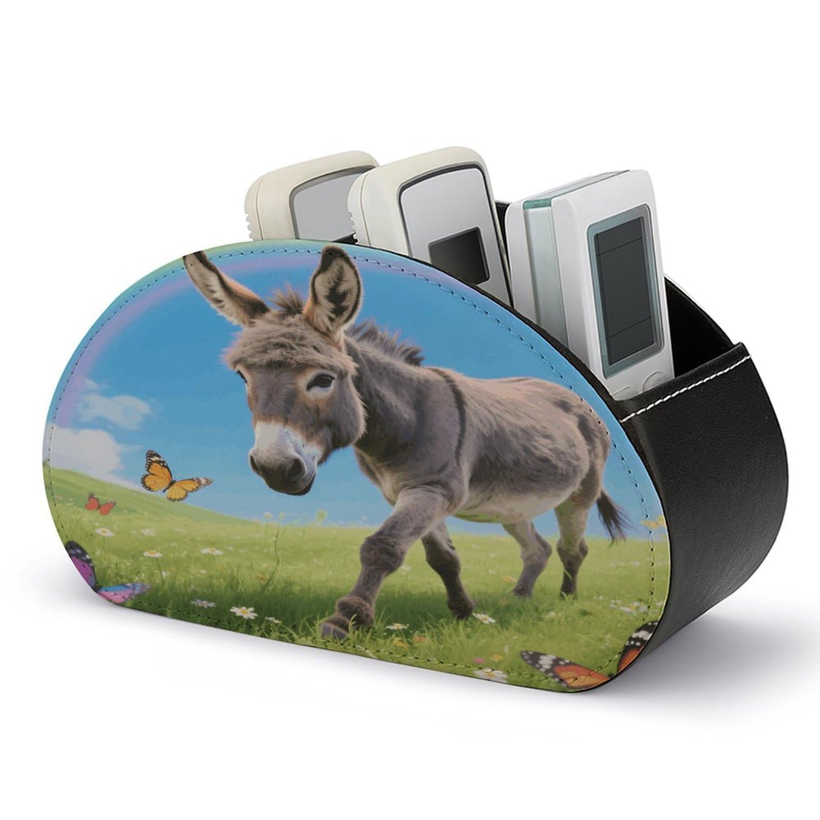 VstaDank - Donkey Butterflies Remote Control Holder (Rainbow) PU Leather Multifunctional Office Organizer Makeup Brush Holder Desk with 5 Compartments