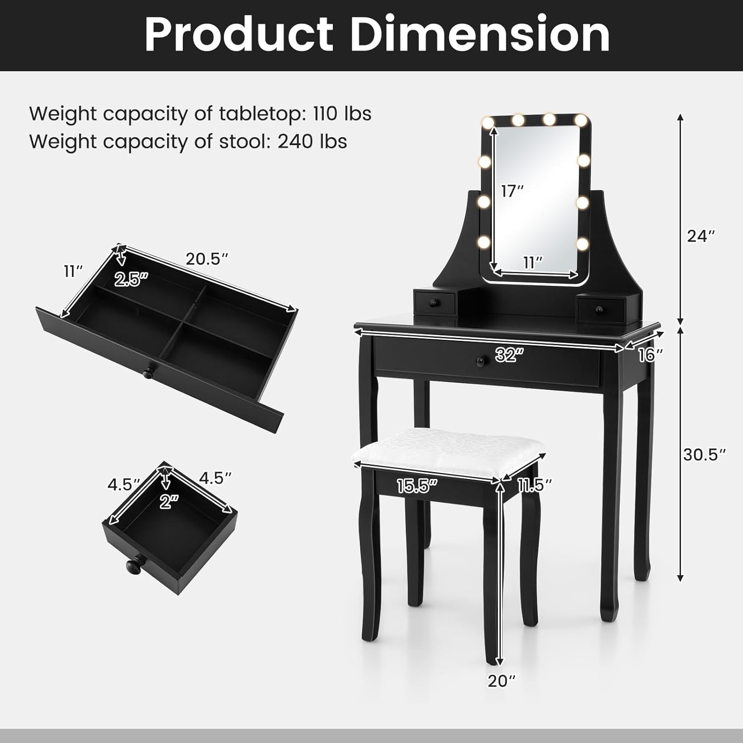 Diagram showing detailed product dimensions for the vanity desk, mirror, drawers, and stool, along with weight capacities.