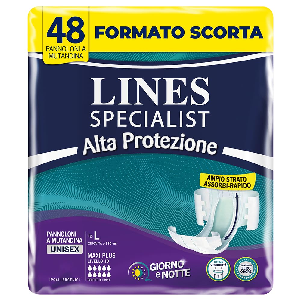 Lines Specialist Pañal de braguita Maxi Plus para incontinencia mujer y hombre, alta protección hasta 12 horas, cero olores, talla L, suministro mensual, paquete de 48 unidades