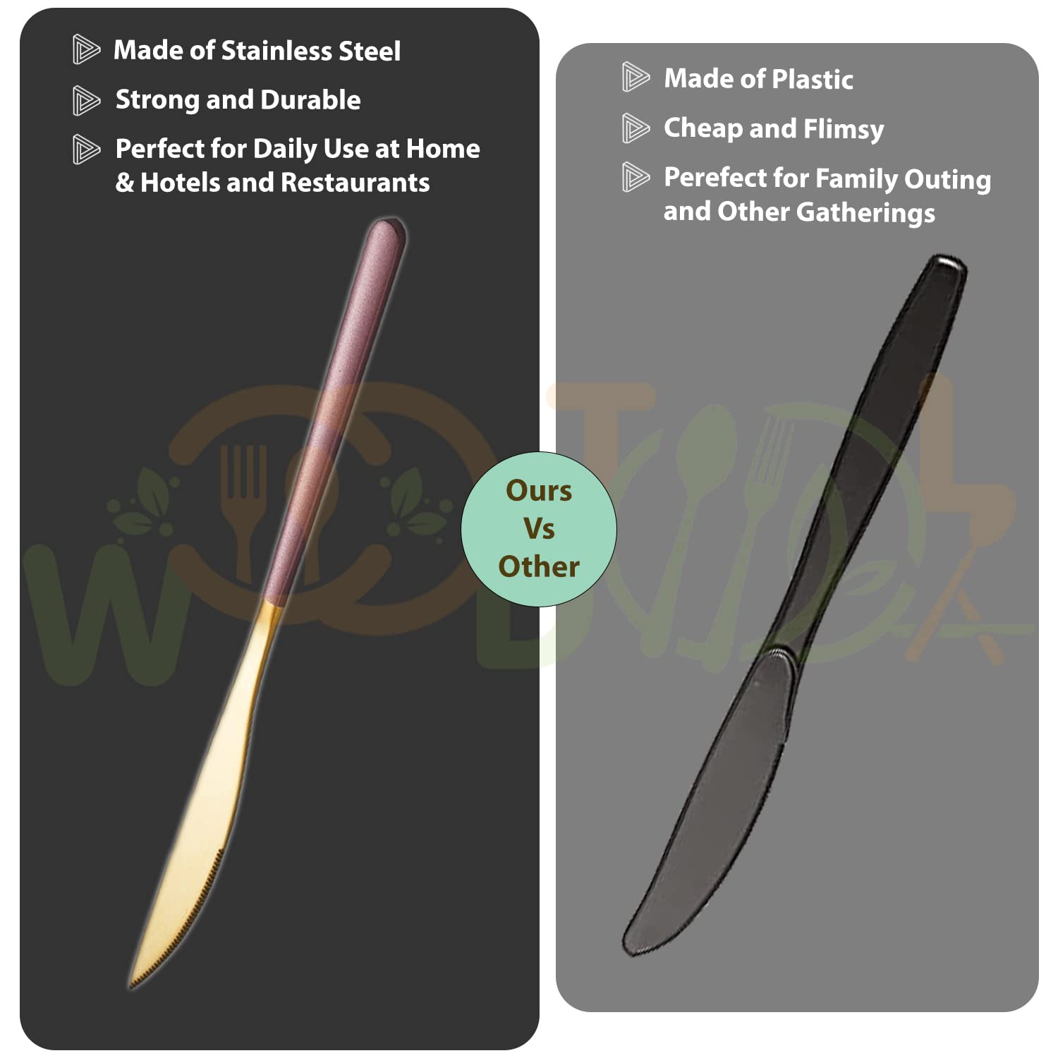 WOODTULA Dinner Knives 5 Piece - Stainless Steel Matt Gold Dinner Knife - butter knife - Modern Design butter knives (Set of 5, Pink) 3