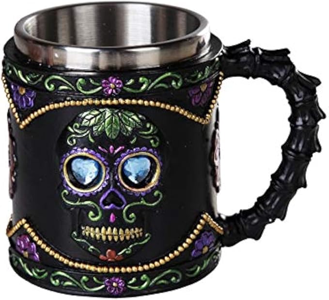 Pacific Giftware Day of The Dead Celebration Black Sugar Skull Floral Design Collectible Mug Tankard 11oz