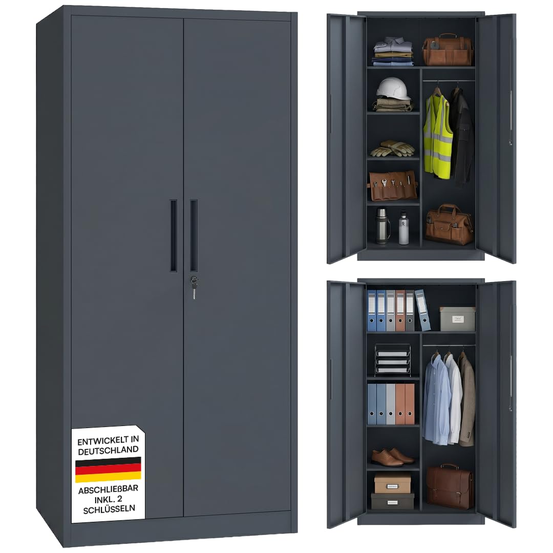 STEELSØN Regulus Metallschrank abschließbar – Garderobenschrank mit 6 Fächern und 1 Kleiderstange – Spind Schrank mit Doppeltüren – Mehrzweckschrank Anthrazit – Kleiderschrank Metall 175x40x80 cm