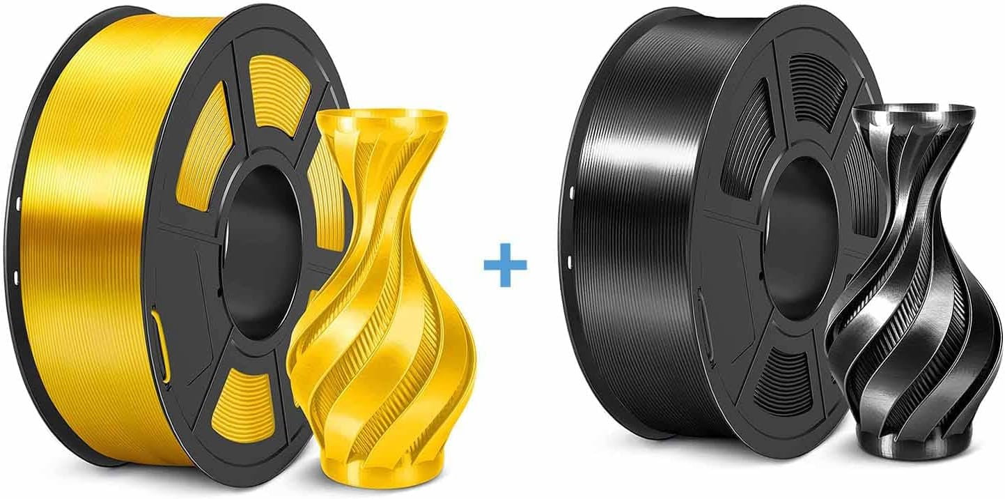 SUNLU Shiny Silk PLA Filament 1.75mm，Smooth Silky Surface，Great Easy to Print for 3D Printers，Dimensional Accuracy +/- 0.02mm, Silk Light Gold 1KG + Black 1KG