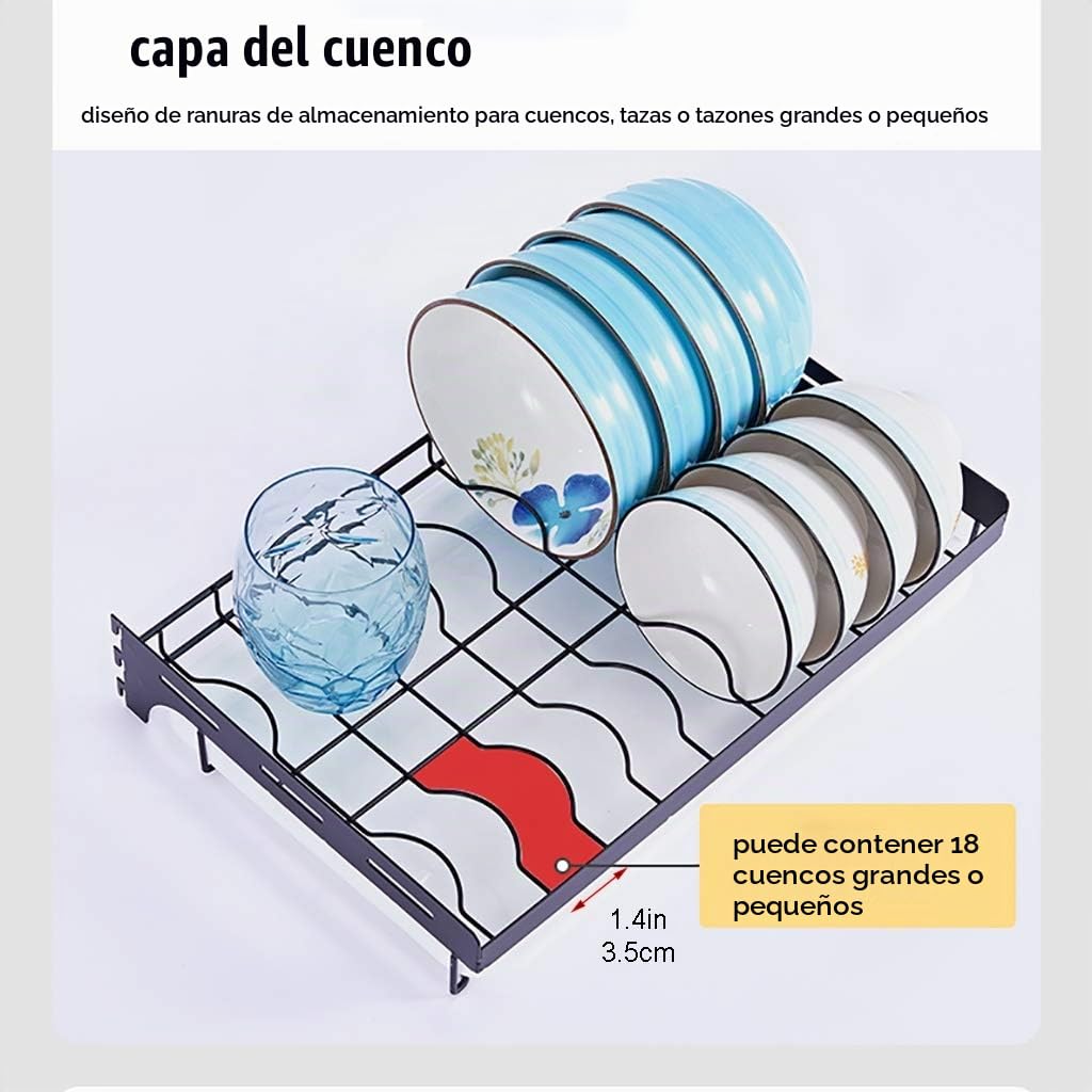 Estanteria Cocina, Escurridor de Platos Colgante para Montaje en Pared, Organizador de Platos, Cuencos y Especias de 2 Niveles, Soporte de Estante de Almacenamiento con Bandeja de Drenaje, 3 Ganchos,