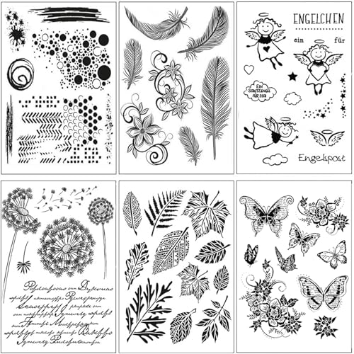 Silikonstempel Blätter Kreis Feder und Löwenzahn Set 6 Blätter Clear Stamps Schmetterling Engel Set für DIY Bullet Journal Scrapbooking Fotoalbum Geburtstag Stempelset