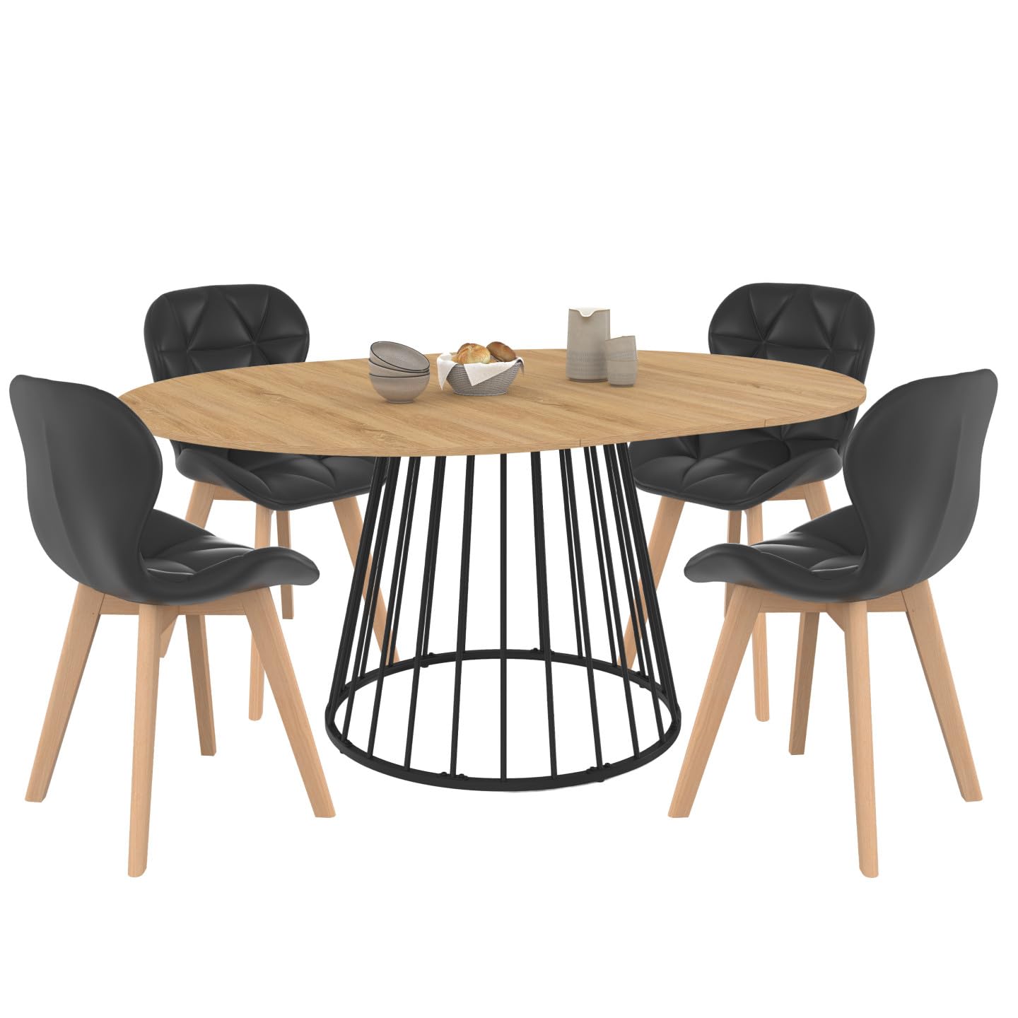 IDMarket – Conjunto de mesa de comedor extensible redonda Yuna bandeja de madera y pie con cable de metal 110-​150 cm y 4 sillas de vestidor de PU negras