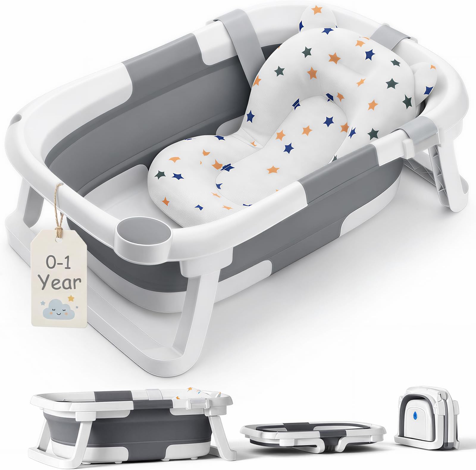 DEANIC Baby Bath Tub for 0-6-12 Months Newborn, Foldable Toddler Bath with Soft Cushion Pad, Portable Baby Bathtub Travel Save Space (Grey)