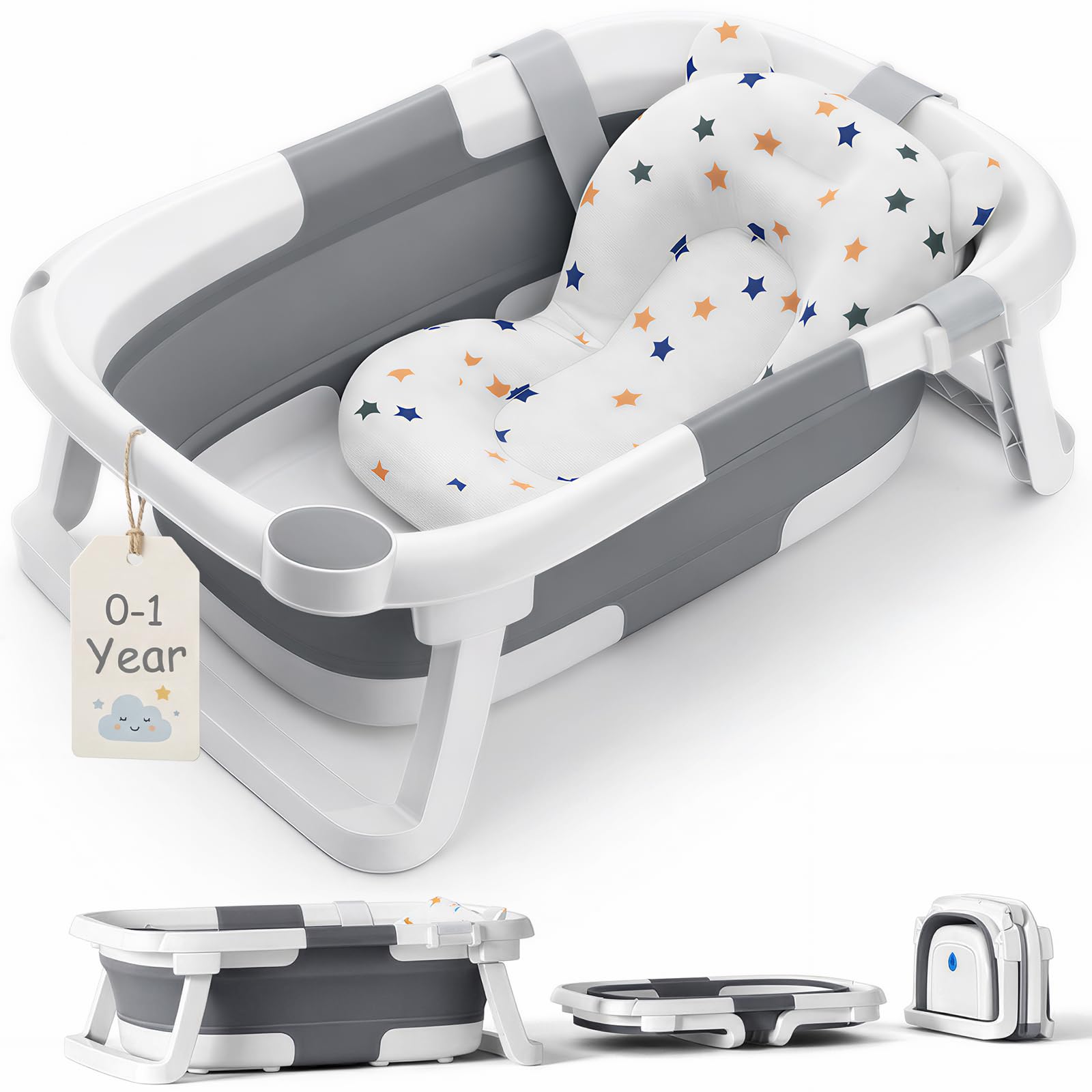 Baby Bath Tub for 0-6-12 Months Newborn, Foldable Toddler Bath with Soft Cushion Pad, Portable Baby Bathtub Travel Save Space (Grey)