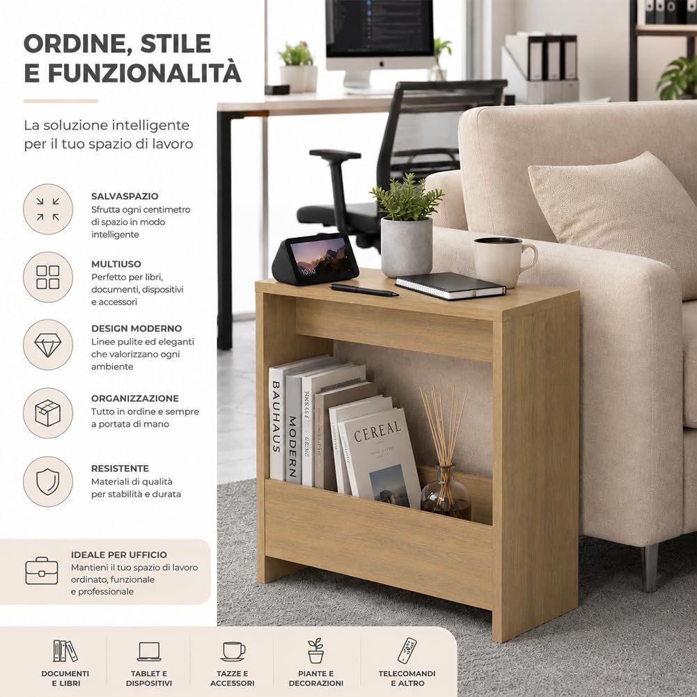 Shally Dogan Tavolino Laterale Divano Salvaspazio, Tavolo Multifunzione per Ingresso, Console Versatile Design Minimal, Mobile Doppio Ripiano Struttura Resistente, 55 x 20 x 60 cm (Quercia)