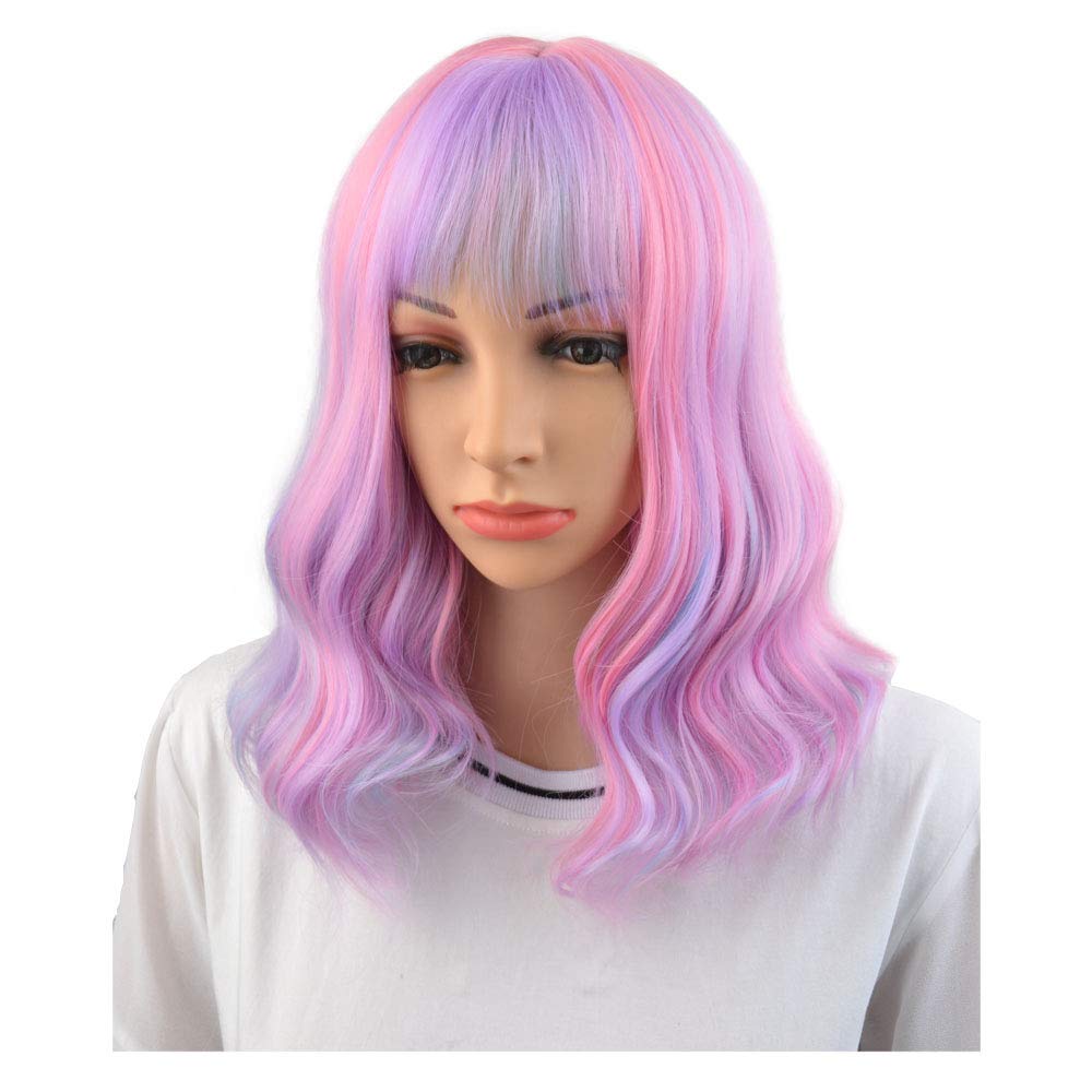 BERON 16" Womens Short Curly Wavy Wig with Bangs Synthetic Hair Party Wigs Wig Cap Included (Ice Cream)