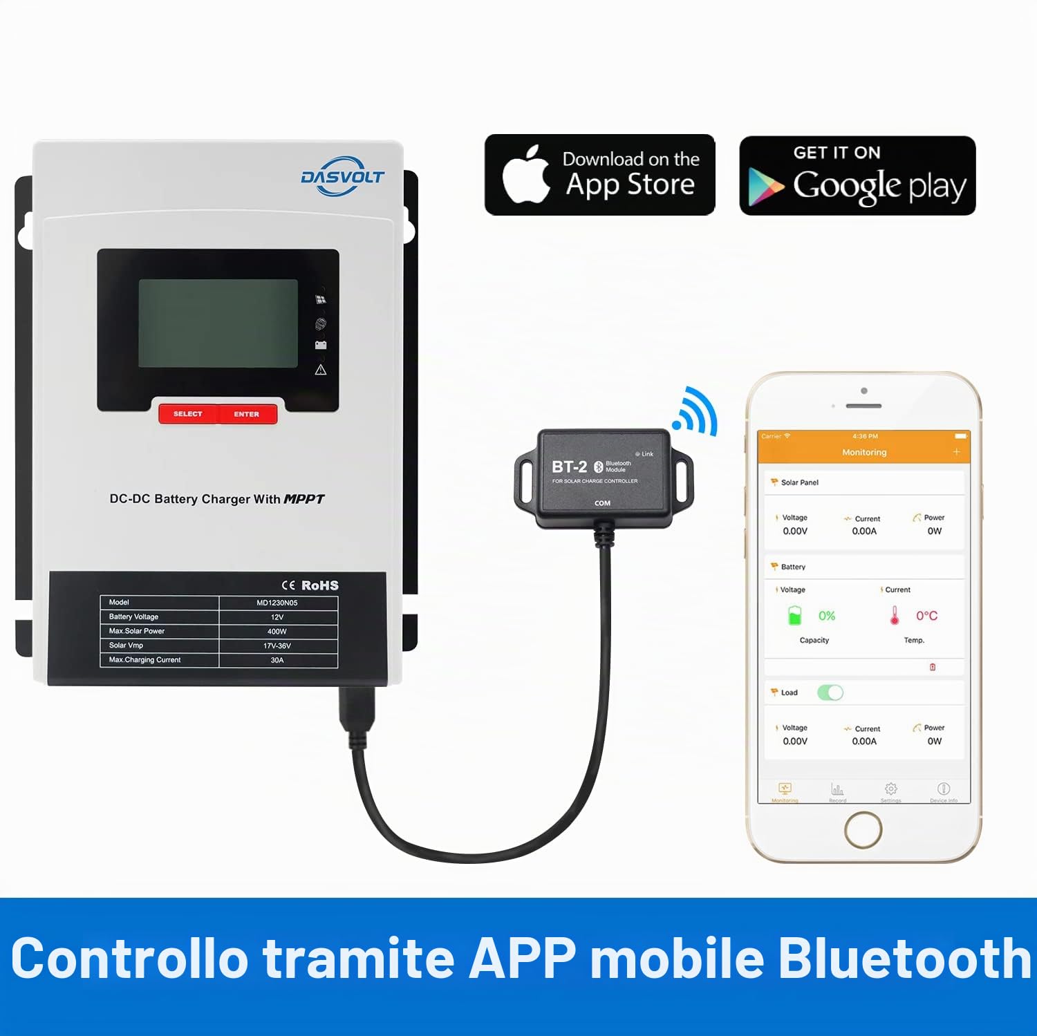 DASVOLT®, 12V 50A DC/DC Caricatore MPPT con ingresso a bordo per sistema a doppia batteria Ricarica multistadio SRNE MD1250N05, batterie al gel, sigillate e al litio, per camper, auto, barche, yacht