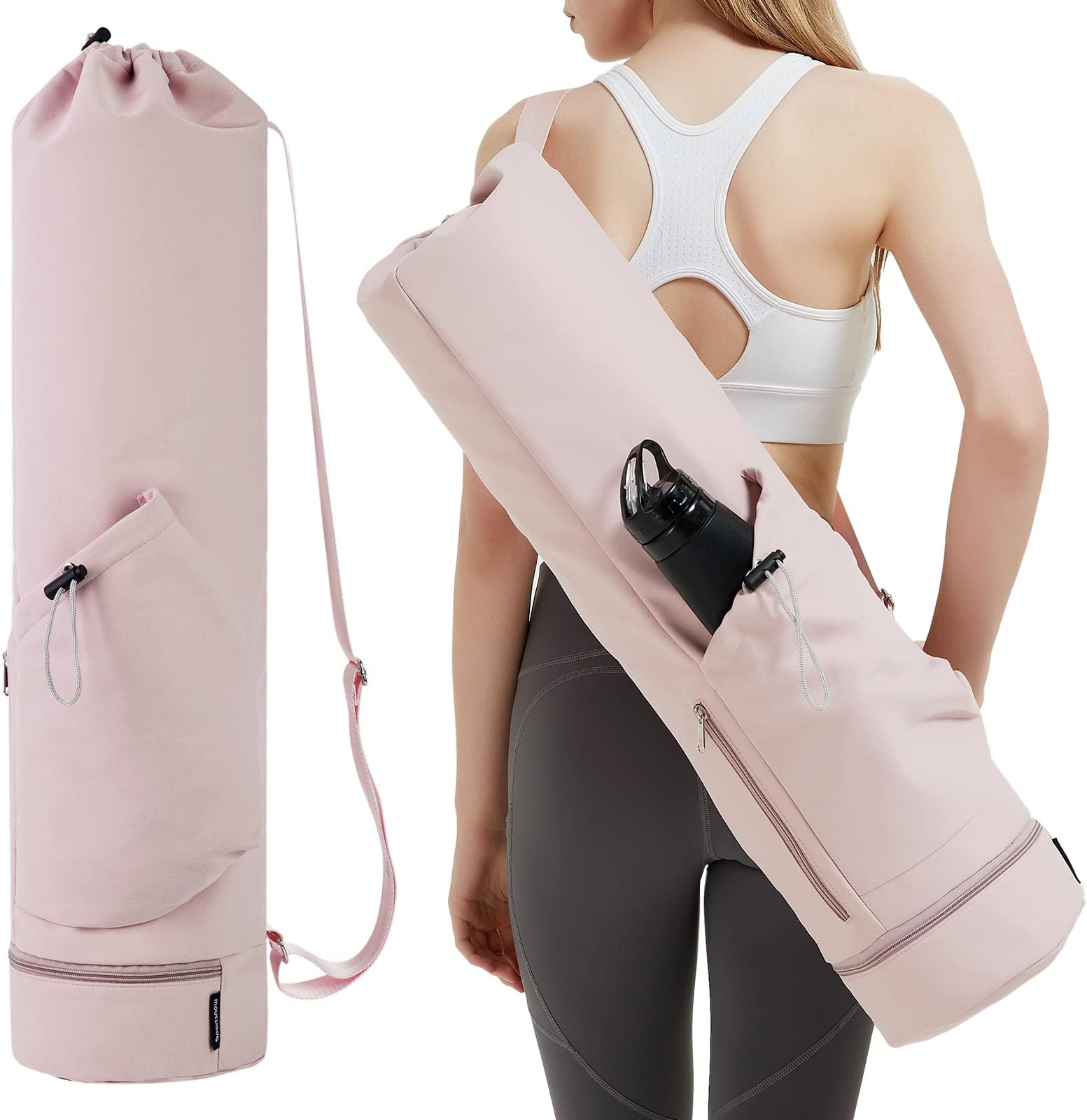 sportsnewYoga Mat Bag with Water Bottle Pocket and Bottom Wet Pocket, Exercise Yoga Mat Carrier Multi-Functional Storage Bag, Pink