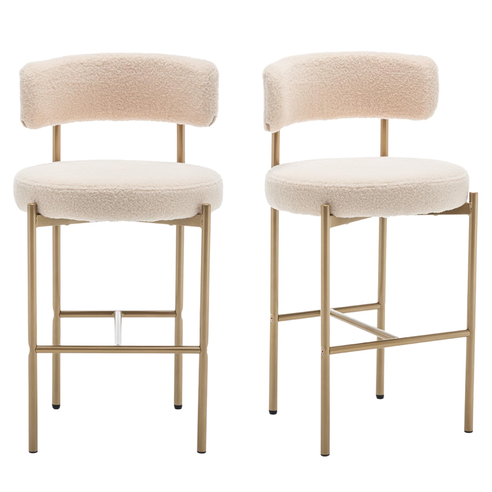 Canxkun Gold Boucle Bar Stools Set of 2, 26" Modern Counter Stools with Backs, Beige Upholstered Barstools for Kitchen Island, Bar, Cafe