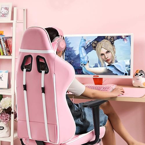 Miniatura 3 de Silla de oficina para videojuegos, silla de ordenador de respaldo alto, ergonómica para PC con soporte lumbar y reposapiés retráctil, de piel