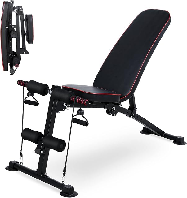Suntric Weight Bench, Folding Bench with Elastic Ropes, Adjustable Negative Flat Workout Home Gym, up to 120 kg at Home, Multifunctional Incline for Full Body Training, Black