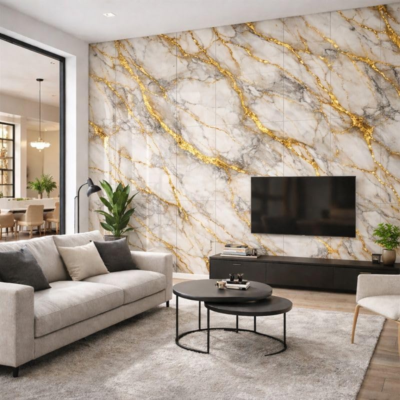 Image of OCEANSKY Dark Golden Abstract Design Marble UV Panels, Pack of 4