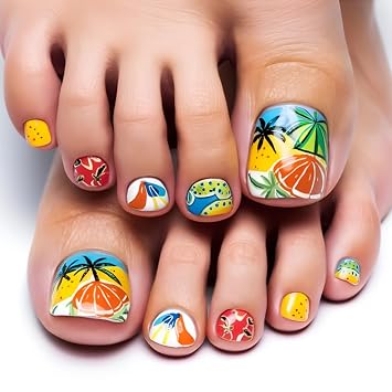 24Pcs Summer Press on Toenails Short Square Fake Toenails Coconut Tree Fruit Acrylic False Toenails Orange Colorful Beach Stick on Nails Summer Vacation Full Cover Glue on Toe Nails for Women