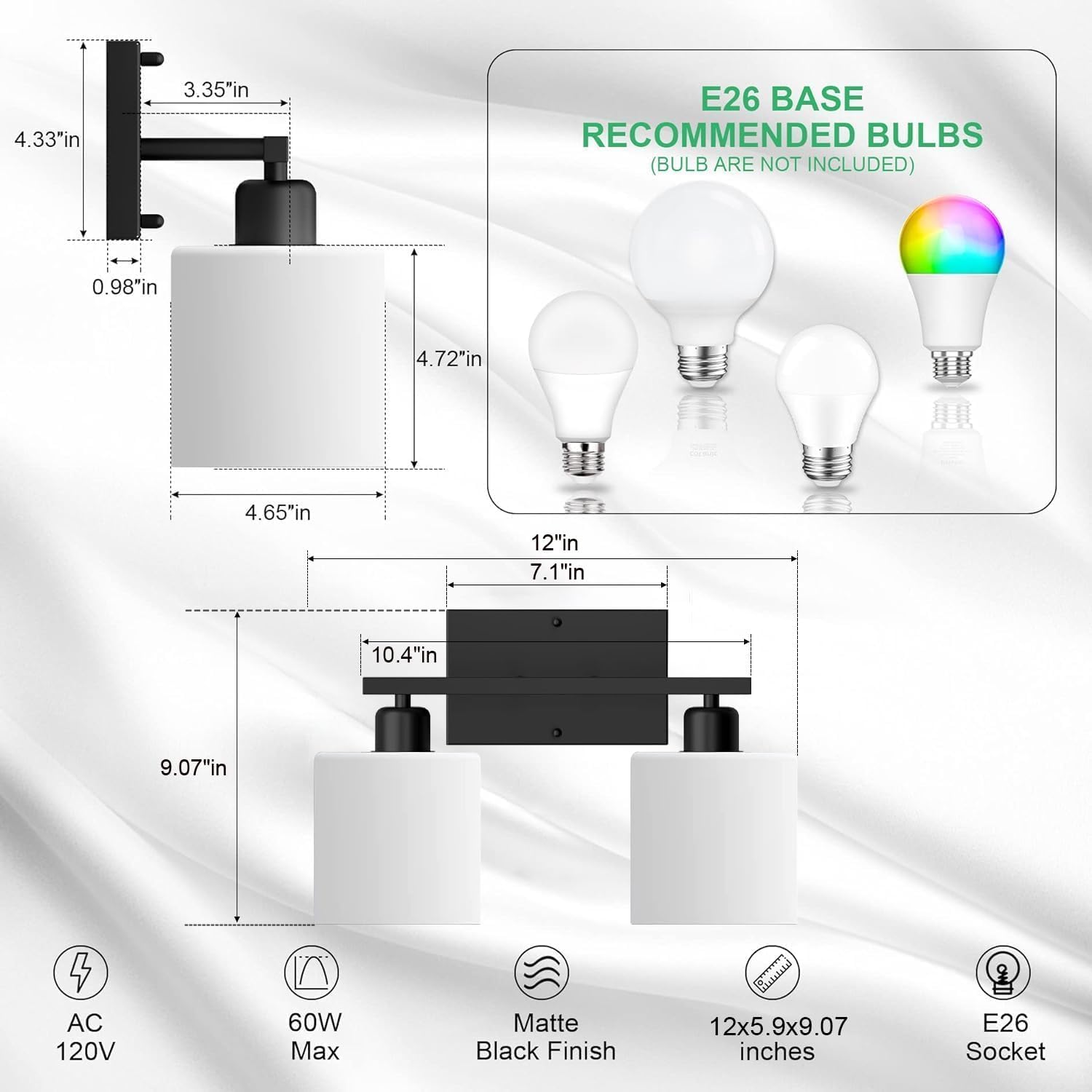 Bathroom Light Fixtures Over Mirror, Anti-Rust Matte Black Vanity Lights 15 Mid Century Modern 2-Light Wall Sconces, Milky White Glass Shades, E26 Standard Socket, Bulbs Not Included