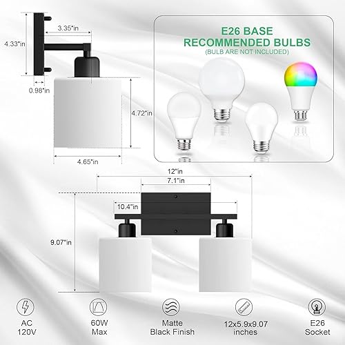 Miniatura 3 de Lámparas de baño sobre espejo, luces de tocador negras mate antioxidantes, 15 apliques de pared modernos de mediados de siglo, 2 luces, pantallas de