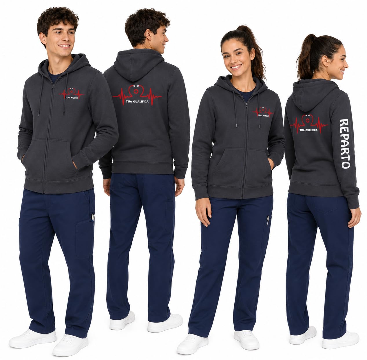 Felpa Unisex Personalizzabile Infermiera Dottoressa Dottore Infermiere Oss Stetoscopio Cuore | Felpa 260 gr Leggera Con Cappuccio e Zip Lunga | Personalizzabile Con Nome Qualifica e Reparto PS 46617