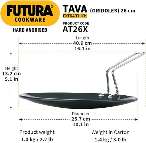 Miniatura 3 de Futura Plancha de tava cóncava anodizada dura, 10 pulgadas, 0.250 in con mango de acero, gruesa, color negro
