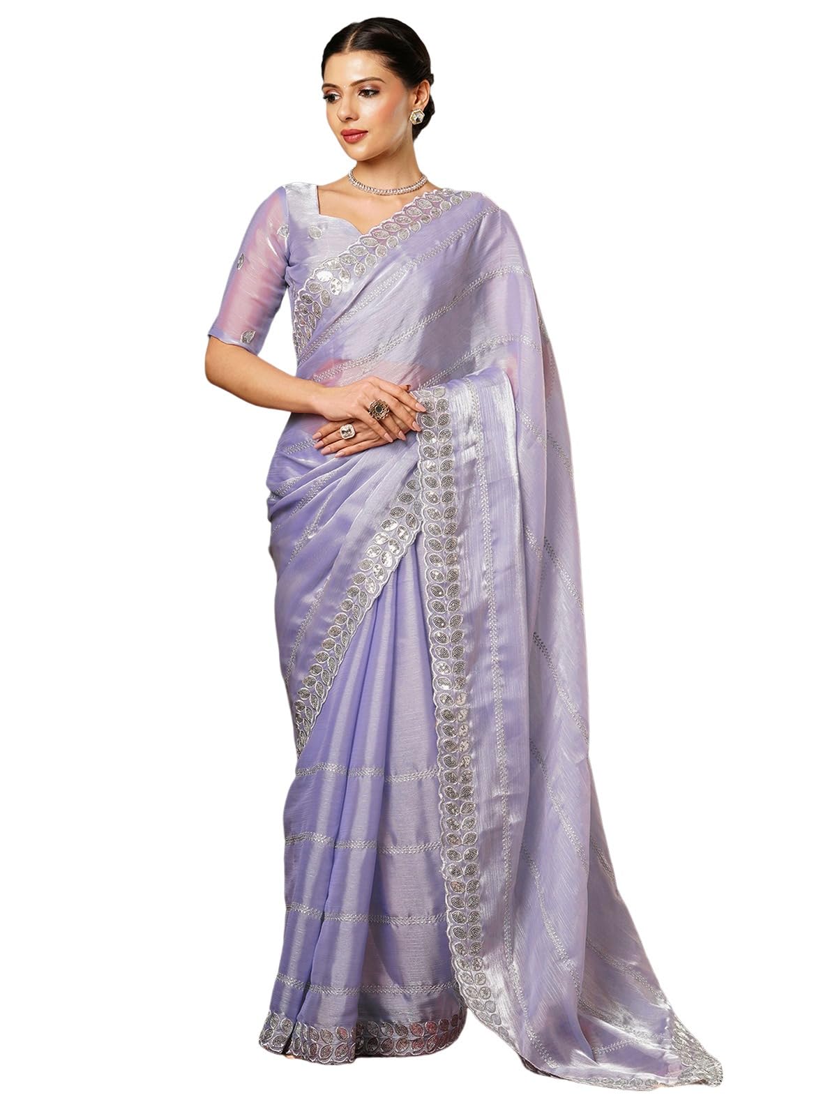 Satrani Women's Tissue Silk Sequence Embroidery Scalloped Border Saree With Unstitched Blouse Piece (3900S133N_Light Lavender)