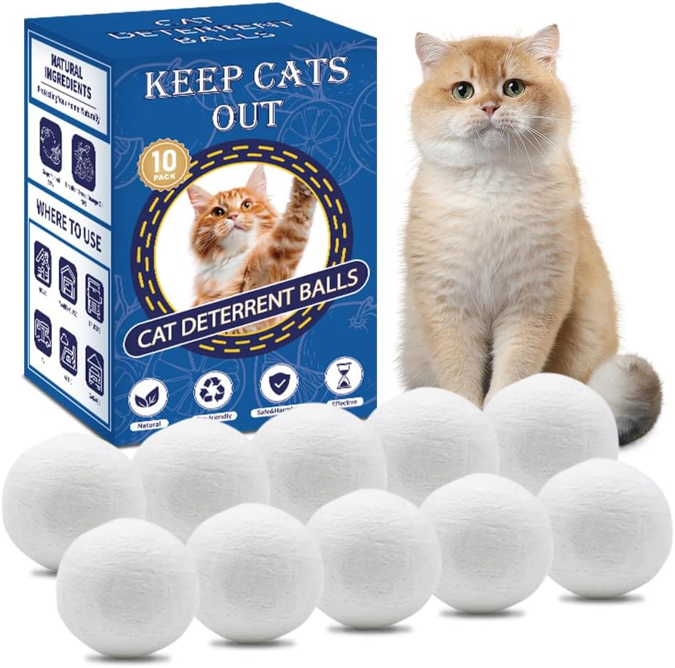 Cat Deterrent Outdoor & Indoor: 10Pack 100% Natural Cat Repellent Essential Oils Ball, Keep Cats Off Lawn, Yard, Plants, Garden, Mulch & Flower Permanently Against Scratch Chew, Keep Cats Away (10Pcs) 10 Ounce (Pack of 1)