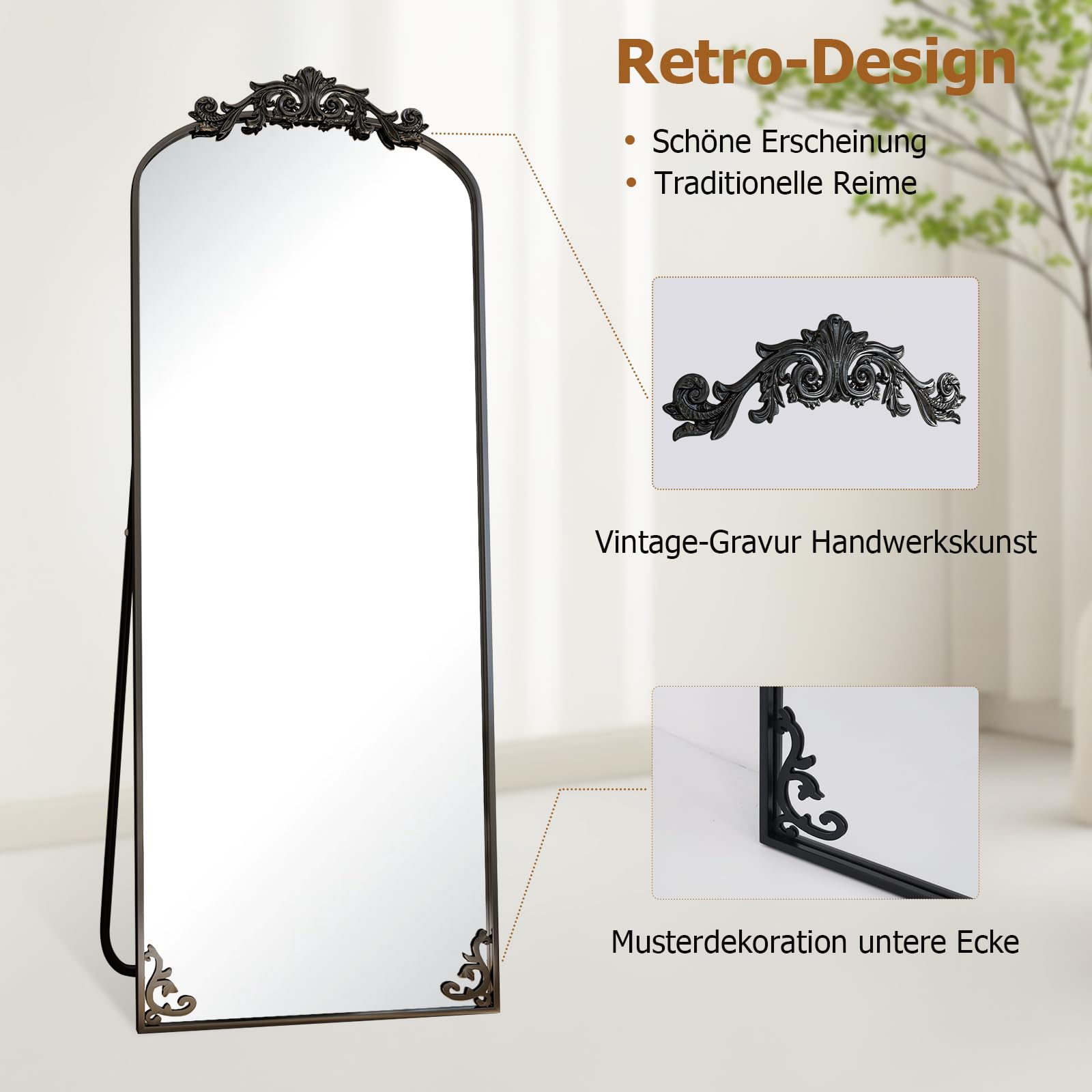 Koonmi Vintage Gewölbter Standspiegel Ganzkörperspiegel, 70x180 cm, Bruchsicher Stehspiegel in voller Länge mit schönen Retro-Gravur Prozess für Schlafzimmer Flur, Schwarz