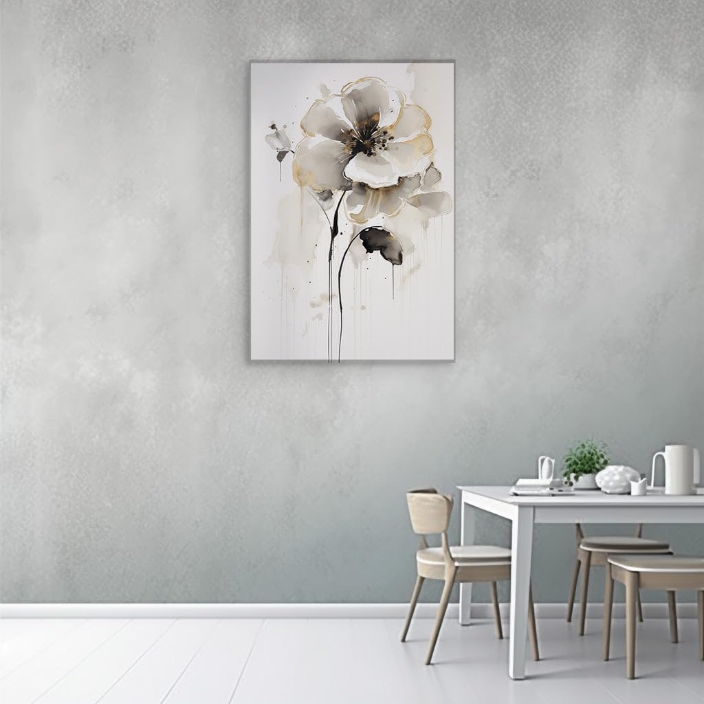 Canvas for Living room. Elegance in Contrast Monochromatic Florals with a Touch of Gold, 27 x 18 inch Canvas Wall Art - Ready to Hang