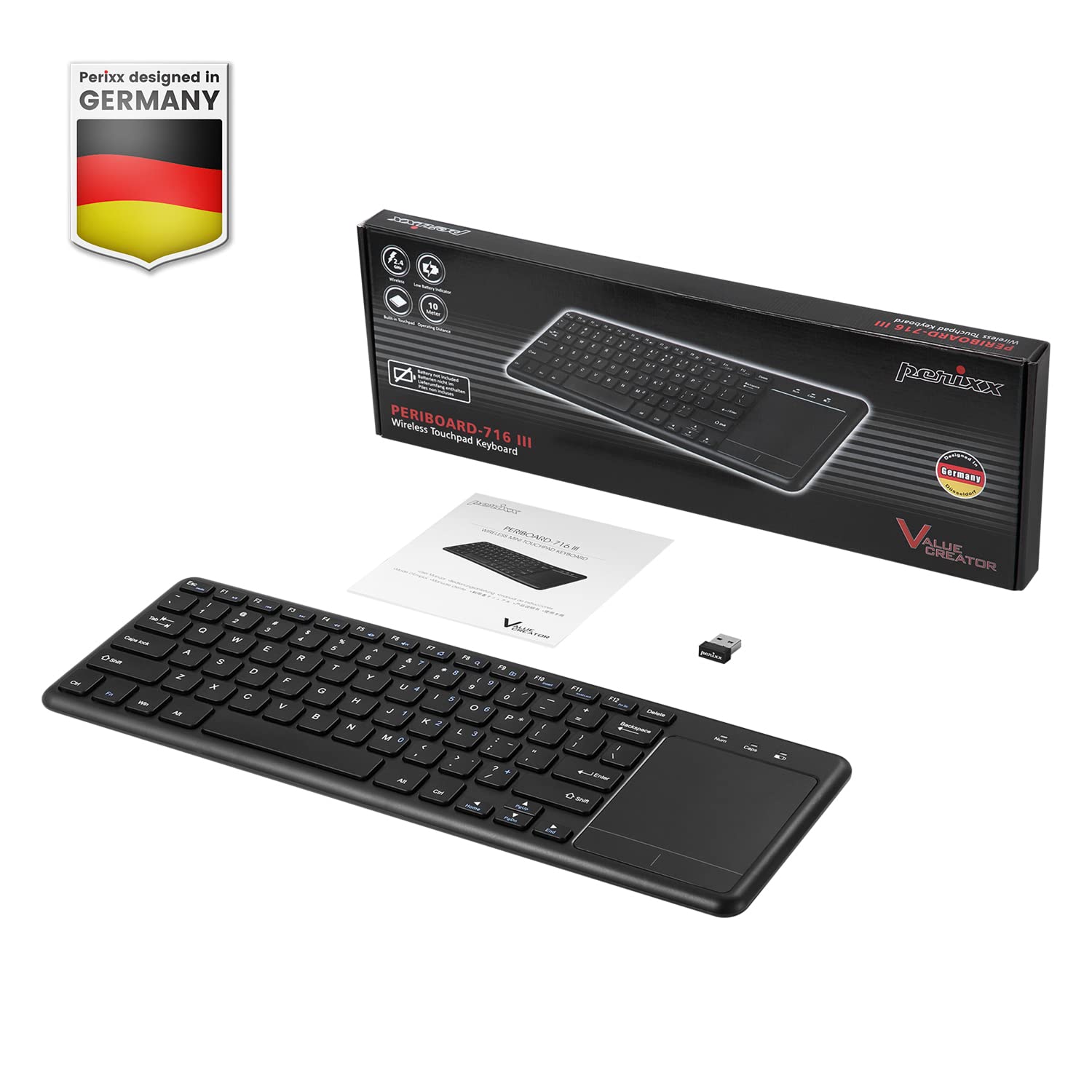 Perixx PERIBOARD-716 bezprzewodowa klawiatura z touchpadem, klawisze nożycowe, czarna, US QWERTY