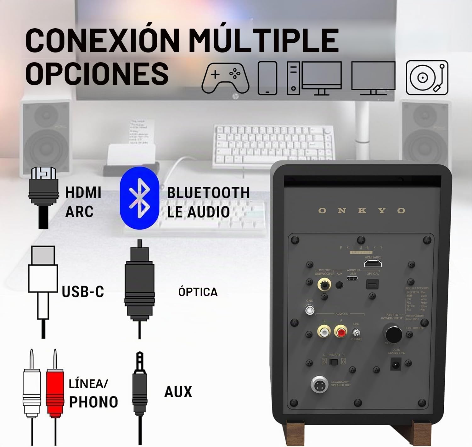 ONKYO GX-10DB Altavoces Activos con USB-C, Negro | Altavoces activos con woofer de 3 pulgadas, USB-C, Line/Phono, entrada óptica, sub-out y Bluetooth 5.3 LE Audio.