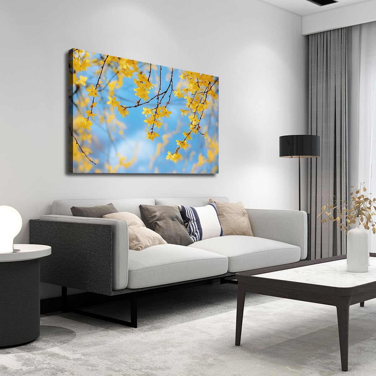 Lienzo Sin Marco Floral Amarillo, Pintura Botánica Rama de Árbol de Primavera Romántica para Comedor Salón 70x105cm
