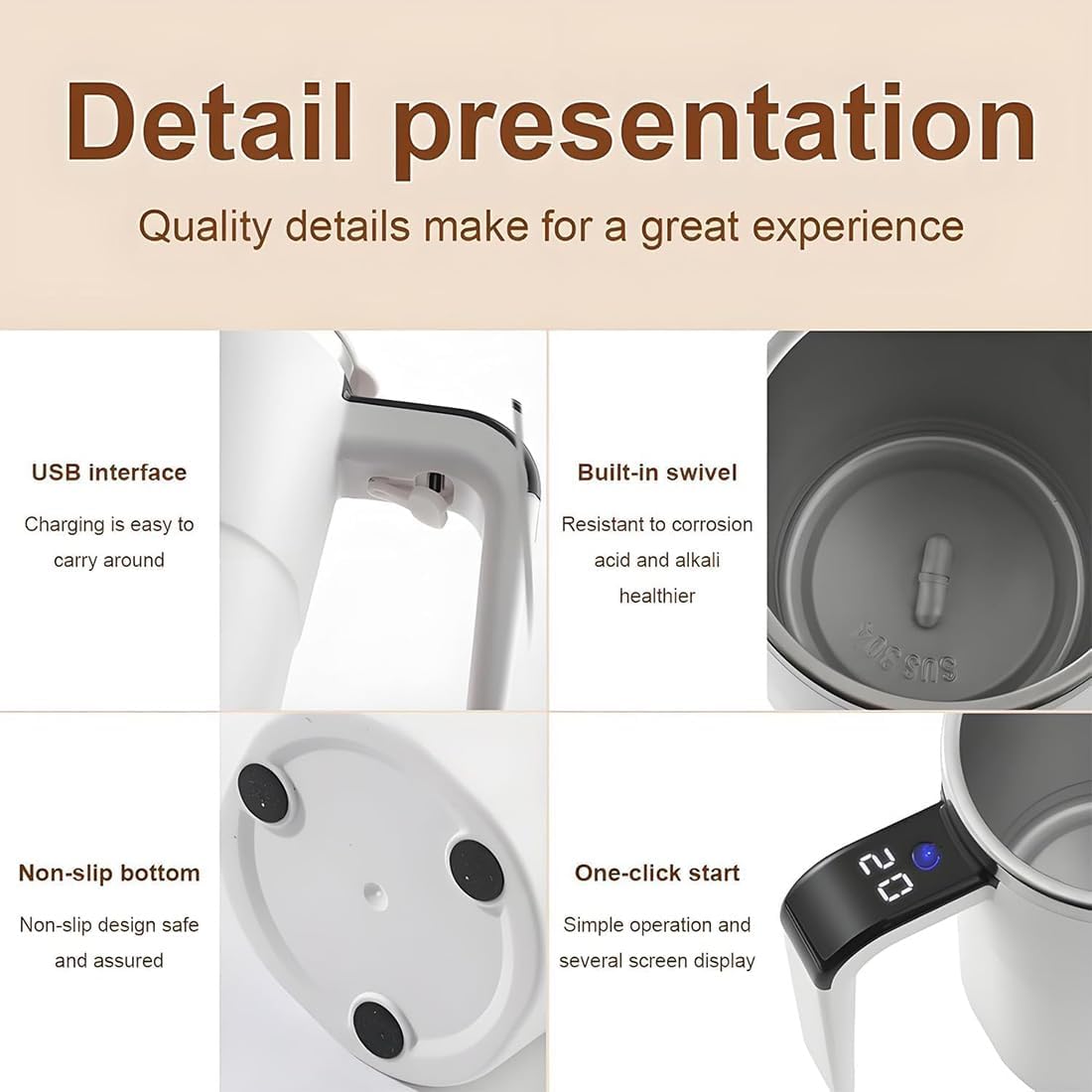 2026 Upgraded Electric Coffee Mug, 14oz Electric High Speed Self Stirring Insulated Coffee Mug with a Built-in LCD Thermometer & Lid, for Brewing Coffee, Milk, Cocoa and Other Beverages (White)