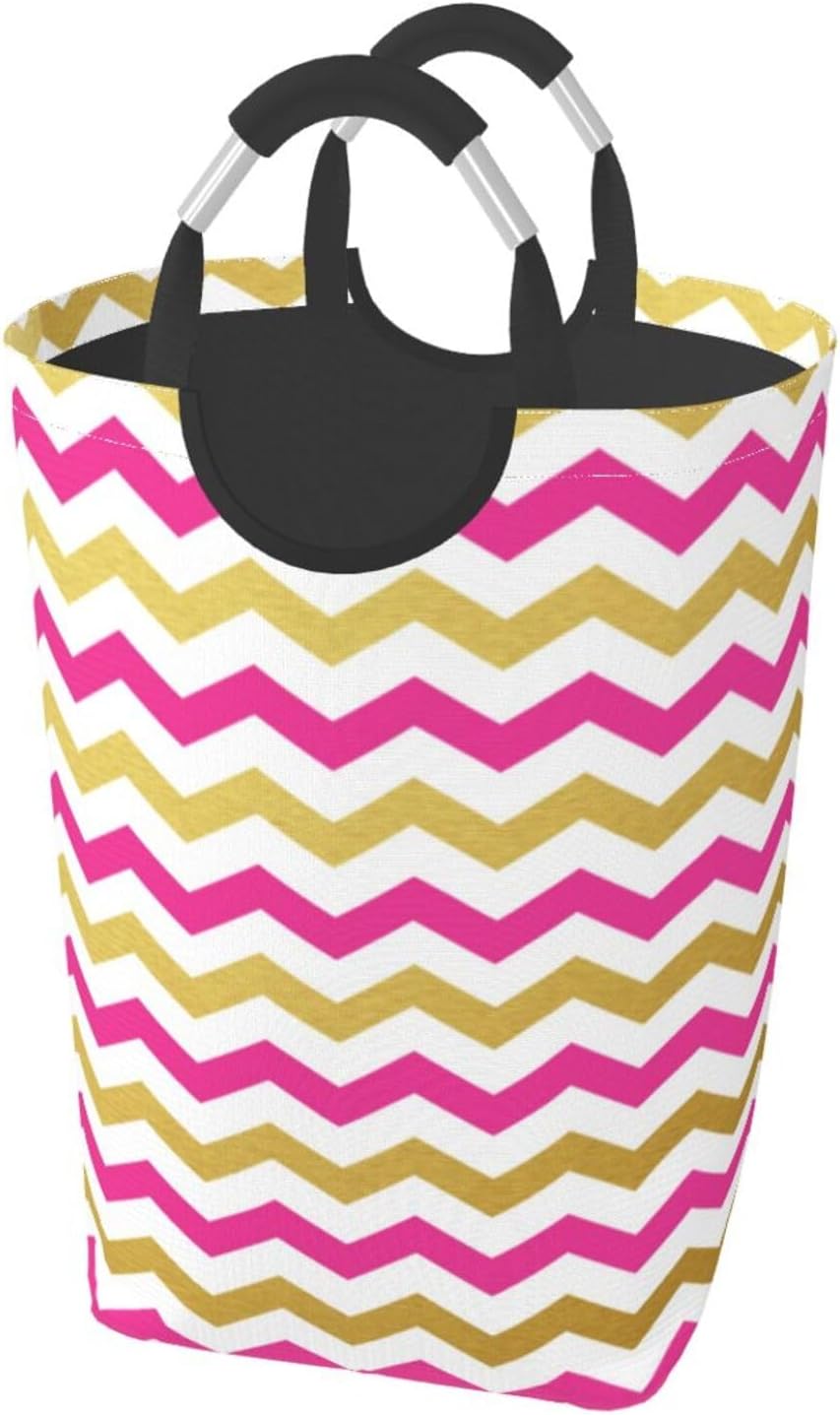 Large Laundry Basket, Gold & Pink Chevron Pattern Laundry Hamper Bag Collapsible Washing Bin With Handles for College Dorm, Family Essentials Storage