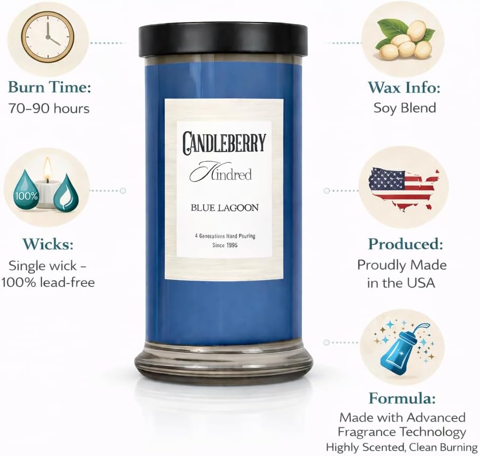Candleberry Candles Kindred Tropical Citrus Collection | Luxury Glass Jar | USA Hand Poured Soy Blend Candle | Highly Scented & Long Lasting | Up to 90 hour Burn Time (Blue Lagoon)