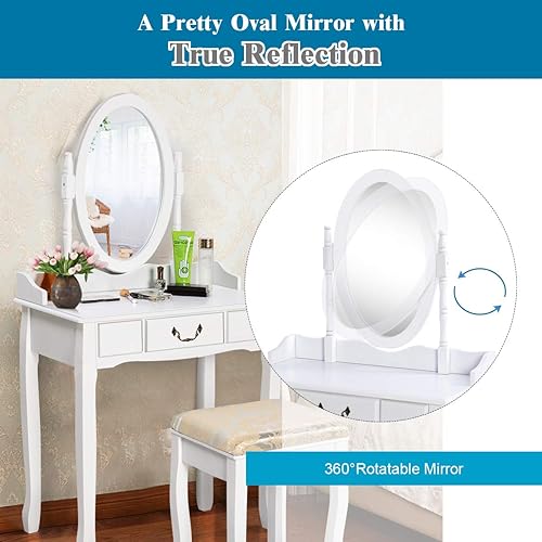 Miniatura 4 de Giantex Juego de tocador blanco con taburete, tocador para niñas y mujeres, espejo de maquillaje, escritorio, tocador, tocador grande para