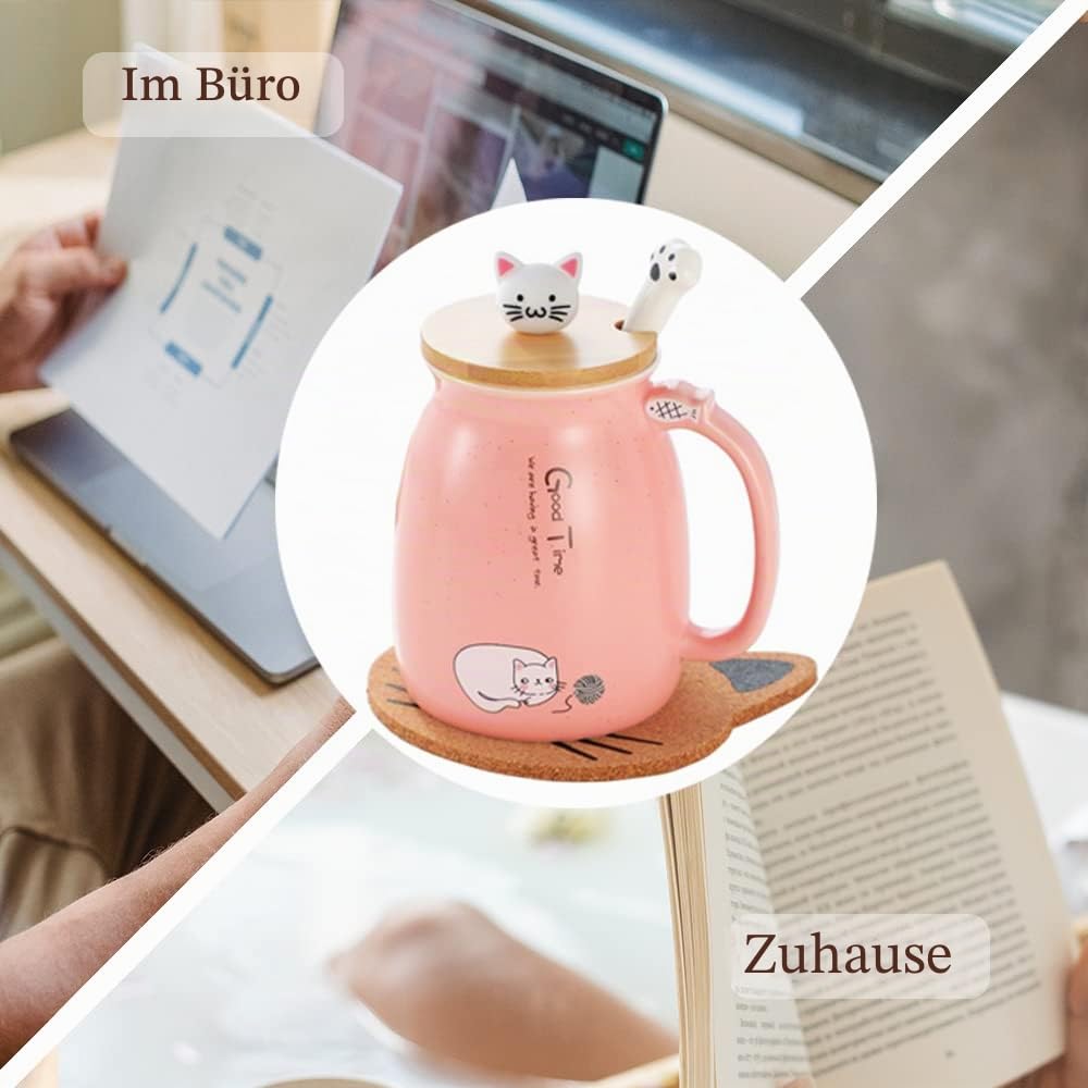 Katzen-Tasse Süße Keramik Kaffeetasse mit deckel,Edelstahl Löffel, Neuheit Morgen Cup Tee Milch Weihnachten Becher Geschenk Teetasse mit Deckel und Sieb Geschenke für Frauen380ML (Rosa)
