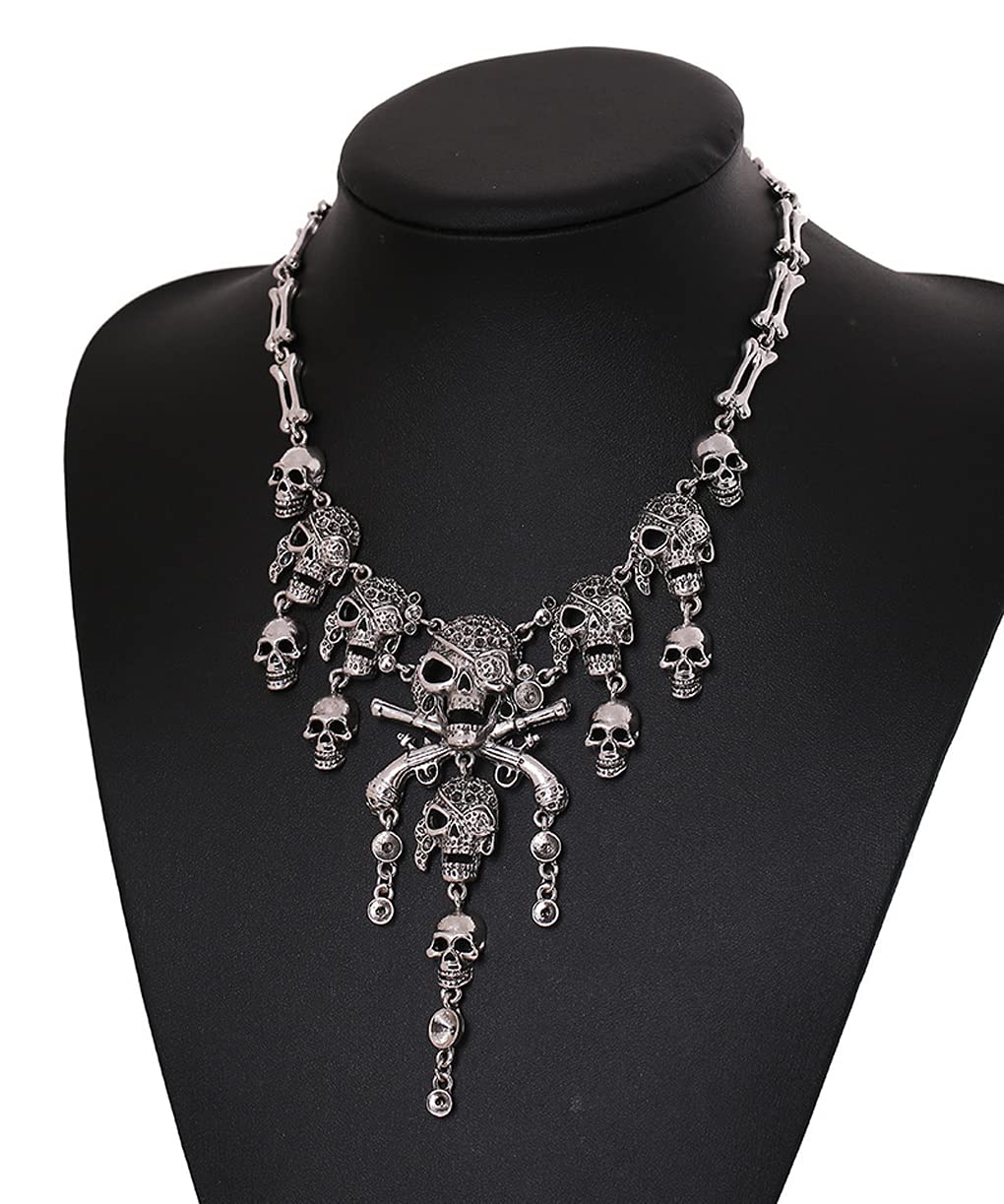 YJZQ Vintage Halloween Skull Bone Necklace Jewellery Women Pirate Cosplay Fancy Dress Costume Accessory, Silver A