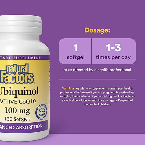 Miniatura 3 de Natural Factors Ubiquinol Active CoQ10 100mg 120 cápsulas blandas suplemento de coenzima Q10 para energía corazón y soporte cognitivo 120 porciones