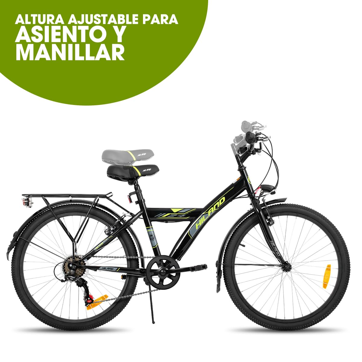 HILAND Bicicleta de Montaña Infantil 24”, para Niños y Niñas 7-11 Años, Cambio 6 Velocidades, con Soporte, Color Negro