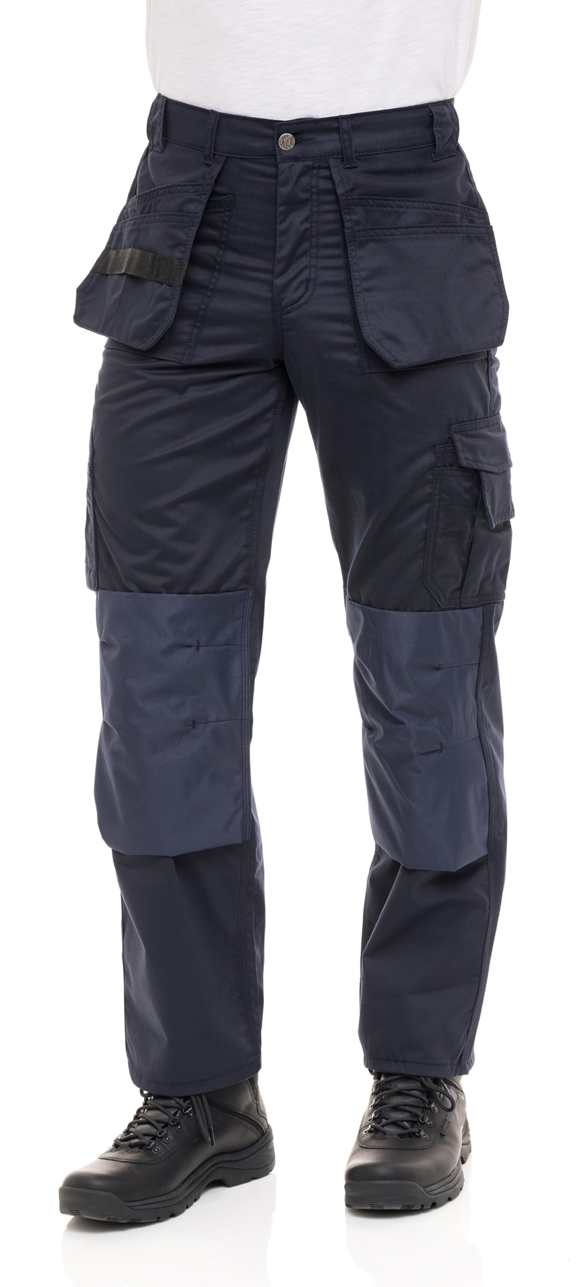Men's Heavy Duty Construction Pants with Cordura Knees & Tool Pockets - Durable Work Trousers Navy W40-L32