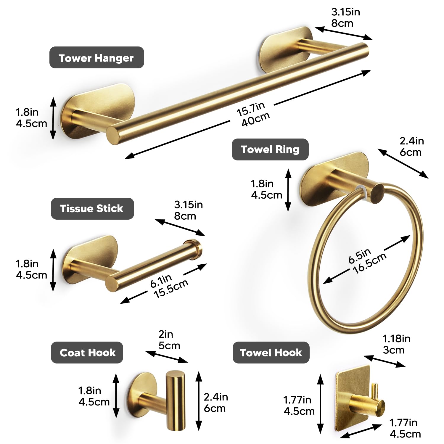 Set Porta Asciugamano 8 Pezzi Portasciugamani Porta Carta Igienica Anello Asciugamano 5 Gancio Set da Bagno Autoadesivo in Acciaio Inox Porta Asciugamani Appeso a Parete Bagno Cucina(Oro)