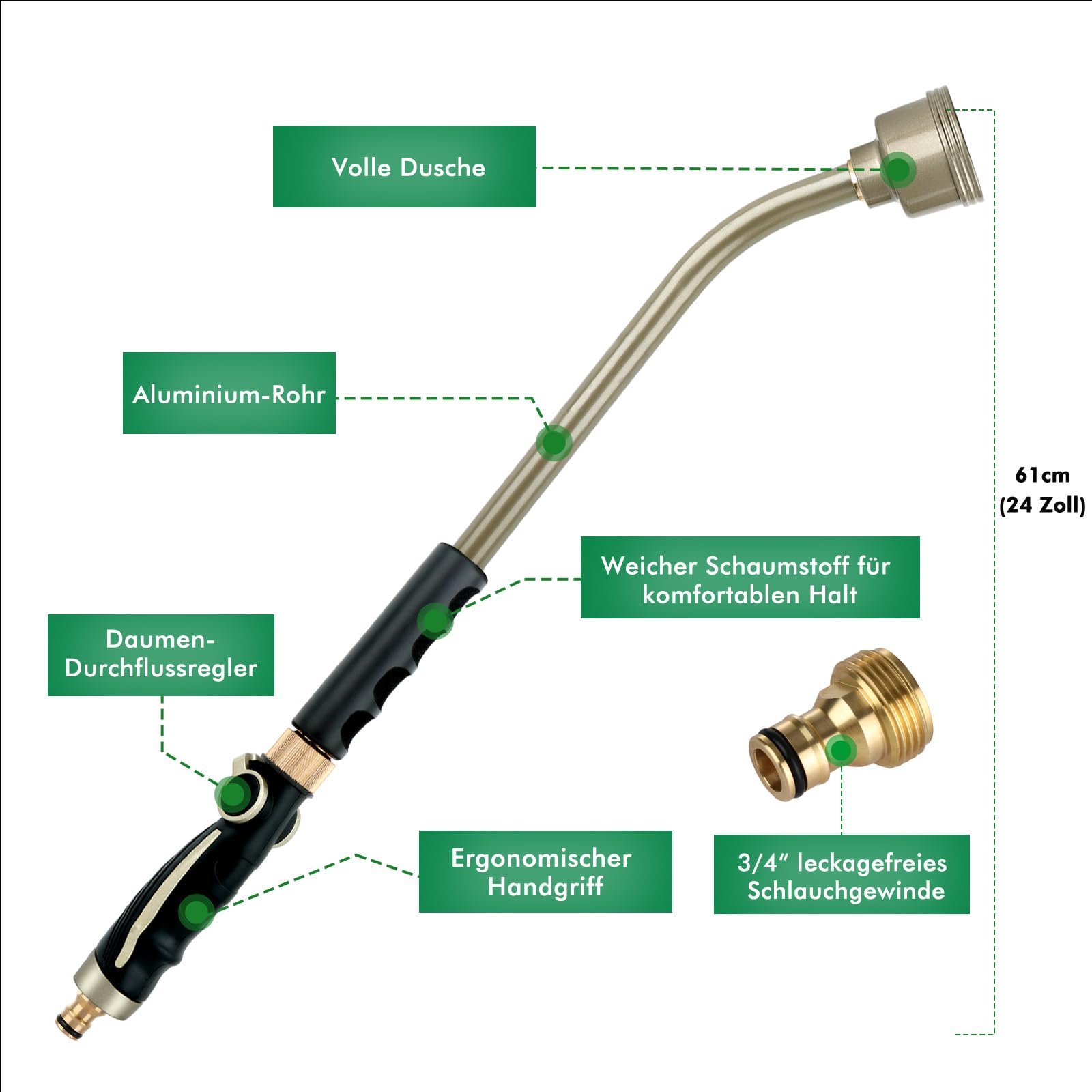 RESTMO Lancia per irrigazione da giardino, 61 cm, morbida e delicata, con controllo del flusso del pollice, pistola a spruzzo per appendere cesti, arbusti, piante, fiori, giardino e prato, nero